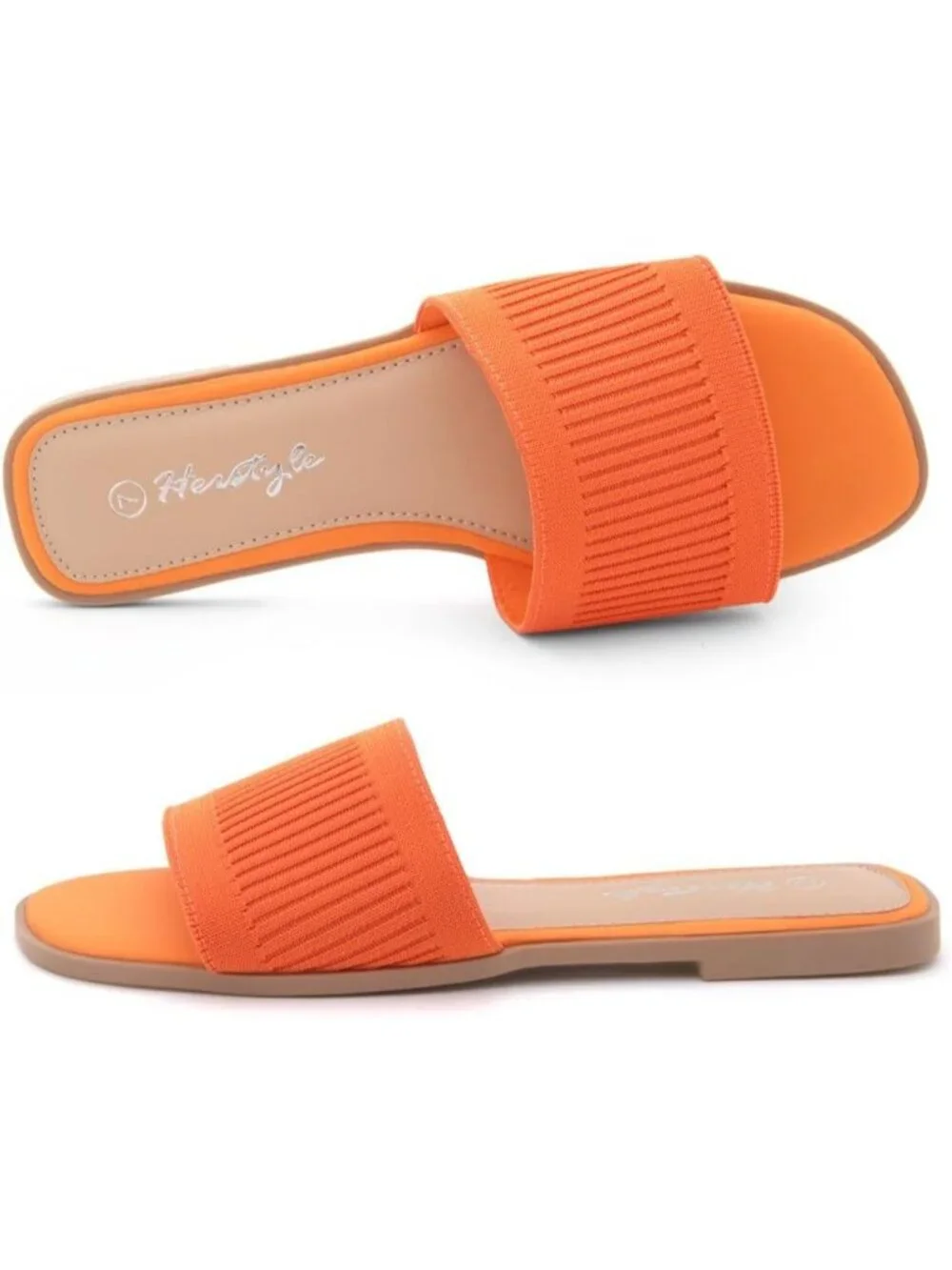 Women's Orangekn Knit Slides Flats Square Open Toe Slip On Dressy Summer Shoes